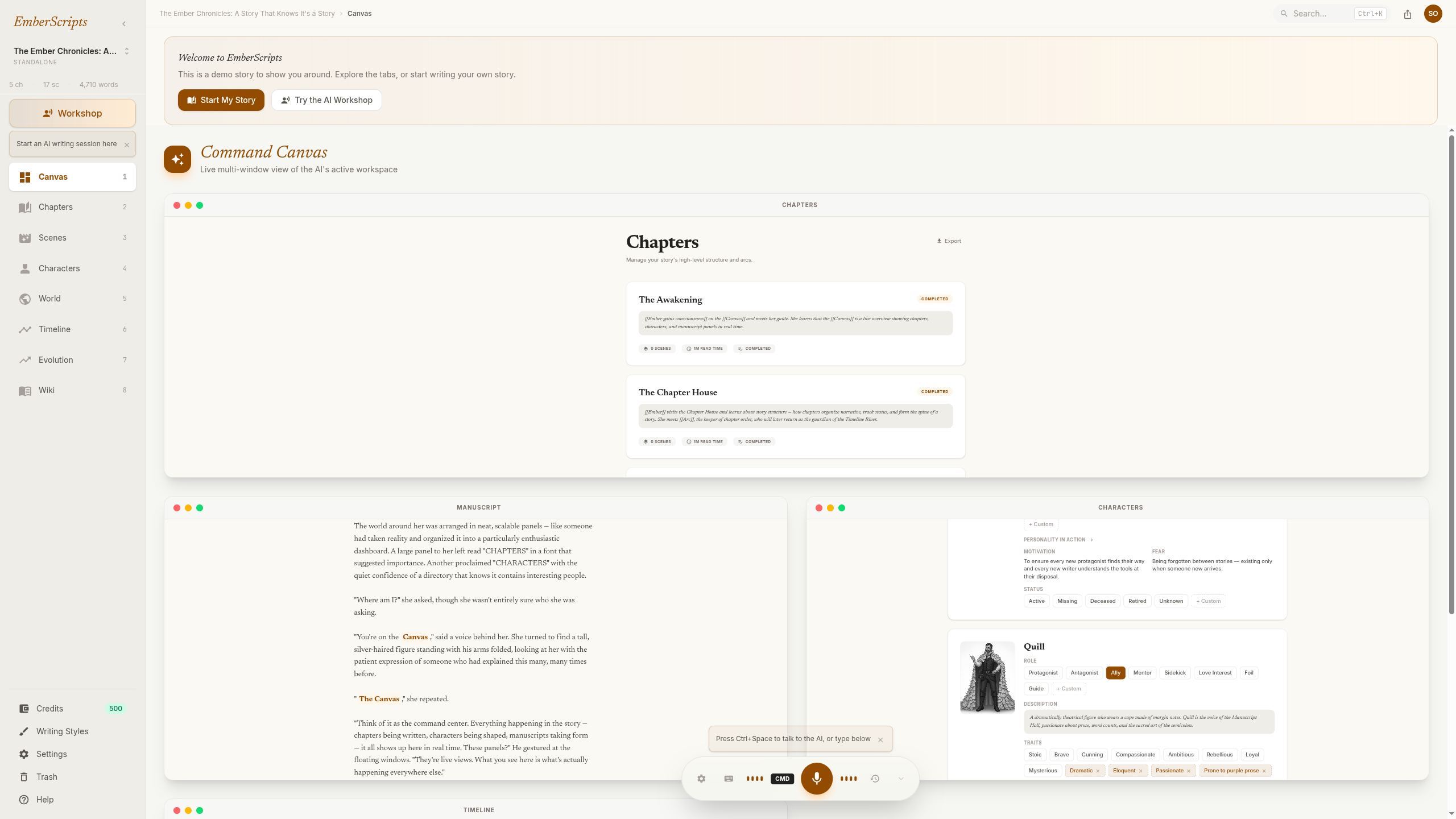 EmberScripts Command Canvas — your writing dashboard with chapters, manuscript, characters, and voice dock