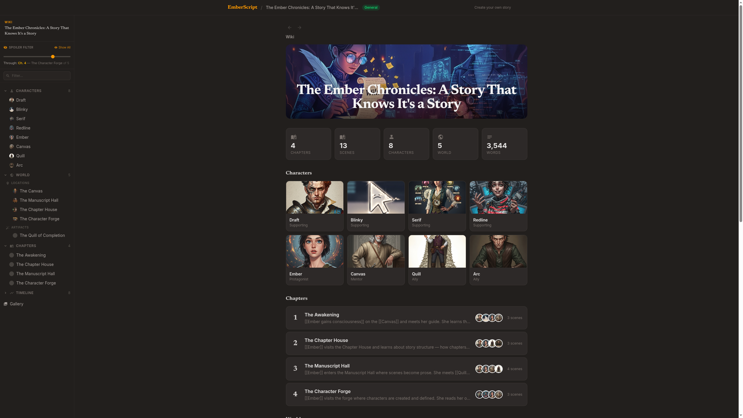 The Ember Chronicles public wiki — hero banner, characters, chapters, world entities